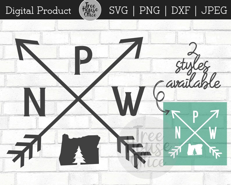May include: Black and white compass design with arrows pointing north, south, east, and west. The letters N, S, E, and W are displayed. The compass is overlaid on a state of Oregon outline. The text "2 styles available" is written in cursive.
