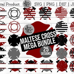 May include: A set of 25 digital designs featuring a Maltese cross with various color combinations, including red, white, blue, black, and gray. The designs include a split monogram, American flag, and distressed designs. The text "MALTESE CROSS MEGA BUNDLE" is displayed in red.