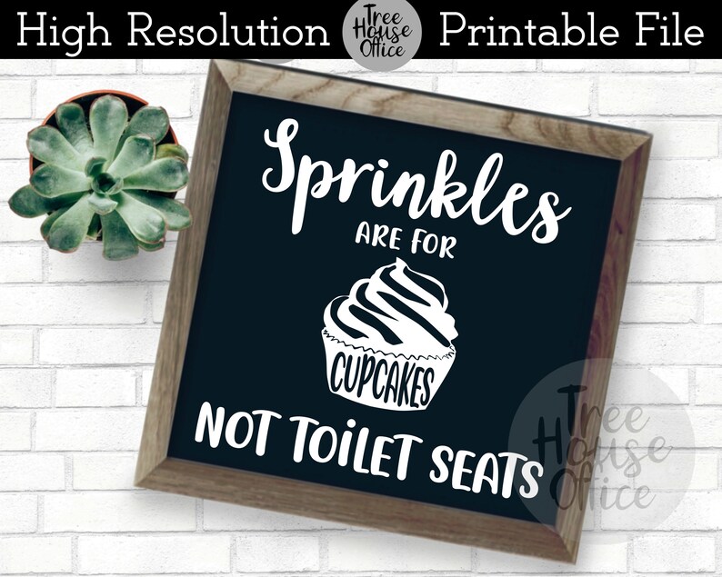 May include: A black chalkboard sign with white text that reads "Sprinkles are for cupcakes, not toilet seats". The sign is framed in wood and has a white cupcake graphic with the word "cupcakes" written on it.