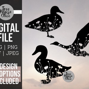 Floral Duck SVG, Wildflower Duck Cut File, Duck Silhouette with Flowers SVG, Flowered Duck PNG, Flying Duck with flowers, floral ducks png