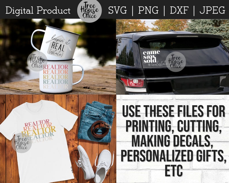 May include: Digital product designs for real estate. The image shows white mugs with black rims and text, a white t-shirt with "REALTOR" in various colours, and a car decal. The designs are for printing, cutting, making decals, and personalised gifts.