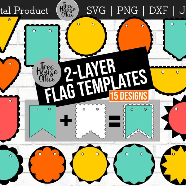 Layered Flag Shapes Banner SVG, DXF, PNG, jpeg, Bunting Scalloped Paper Garland Banners Cut File, Cricut flag svg, Gift Tag svg template