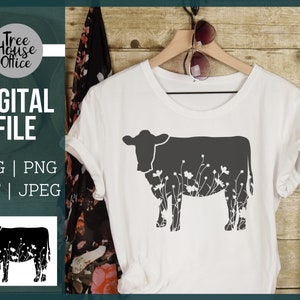 Floral Cow SVG, Wildflower Cow Cut File, Cow Silhouette with Flowers SVG, Flowered Cow PNG, Heifer cut file with flowers, floral heifer png