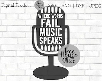 Può includere: Grafica in bianco e nero di un microfono con il testo "Where words fail music speaks".