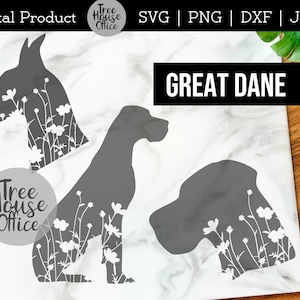 Könnte beinhalten: Drei digitale Schnittdateien einer Great Dane Hundesilhouette mit einem Blumenmuster. Der Hund ist in drei Posen dargestellt: stehend, sitzend und im Profil. Das Blumenmuster ist weiß und die Hundesilhouette ist grau.