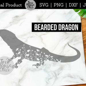 Może przedstawiać: Szary zarys brodatego smoka z białymi kwiatami wewnątrz zarysu. Tekst "BEARDED DRAGON" znajduje się nad obrazem.
