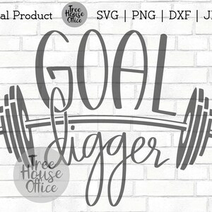 K&ouml;nnte beinhalten: Ein digitales Design in Grau und Wei&szlig; mit einer Langhantel und dem Text "GOAL digger" in einer handschriftlichen Schrift.