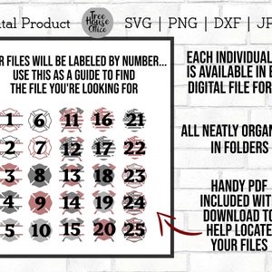 May include: A digital product listing for 25 firefighter themed SVG, PNG, DXF, and JPEG files. The files are organized in folders and numbered 1-25. A handy PDF is included with the download to help locate the files.