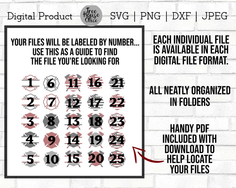 May include: A digital product listing for 25 firefighter themed SVG, PNG, DXF, and JPEG files. The files are organized in folders and numbered 1-25. A handy PDF is included with the download to help locate the files.