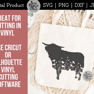 Floral highland cow silhouette shown on a canvas bag.  Great for cutting in vinyl using cricut or silhouette vinyl cutting software