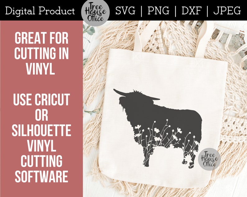 Floral highland cow silhouette shown on a canvas bag.  Great for cutting in vinyl using cricut or silhouette vinyl cutting software