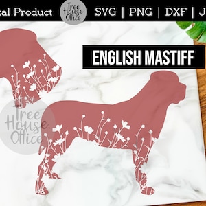 May include: Digital download of an English Mastiff silhouette with a floral design. The silhouette is a light pink color and the flowers are white.