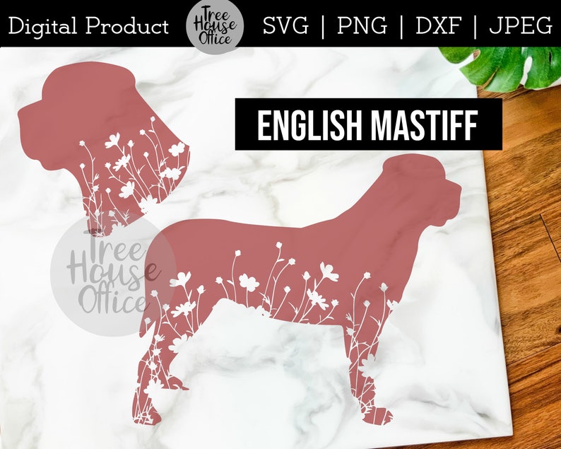May include: Digital download of an English Mastiff silhouette with a floral design. The silhouette is a light pink color and the flowers are white.