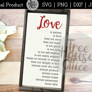 El amor es paciente SVG, PNG, JPEG, Cita romántica Svg, Día de San Valentín Svg, Imagen prediseñada de signo de aniversario, Signo sobre la cama svg, El amor es amable svg