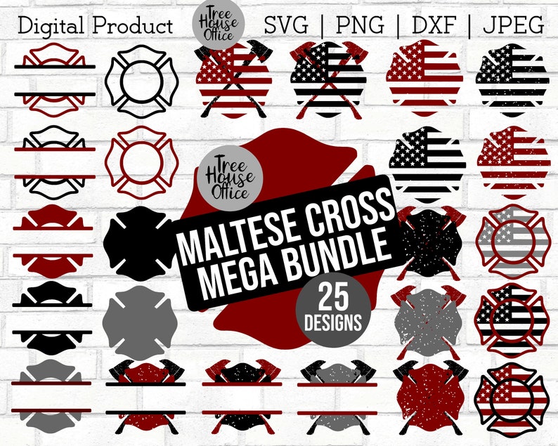 May include: A set of 25 digital designs featuring a Maltese cross with various color combinations, including red, white, blue, black, and gray. The designs include a split monogram, American flag, and distressed designs. The text "MALTESE CROSS MEGA BUNDLE" is displayed in red.