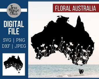 Floral Austrália SVG, Silhueta da Austrália com flores silvestres Cut File svg, Silhueta da Austrália PNG, Contorno da Austrália com flores svg