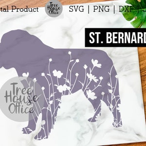 St. Bernard SVG, DXF PNG jpeg, Saint Bernard Dog Mandala Zentangle svg, Dog Silhouette svg, St Bernard with Flowers Glowforge clipart png