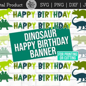 Könnte beinhalten: Ein digitaler Download einer Happy Birthday-Girlande zum Thema Dinosaurier. Die Girlande enthält grüne, blaue und gelbe Dinosauriersilhouetten und die Worte "Happy Birthday" sechsmal wiederholt.