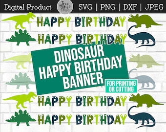 May include: A digital download of a dinosaur-themed happy birthday banner. The banner includes green, blue, and yellow dinosaur silhouettes and the words "Happy Birthday" repeated six times.