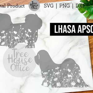 May include: A digital download of a Lhasa Apso dog silhouette with white flowers. The silhouette is gray and the flowers are white. The text "LHASA APSO" is in black text at the top of the image.