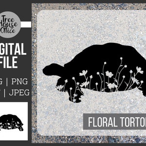 Może przedstawiać: Czarna sylwetka żółwia z białymi wzorami kwiatowymi wewnątrz pancerza. Tekst "Floral Tortoise" znajduje się pod obrazkiem.