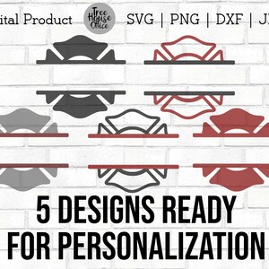 May include: Five different designs of a split monogram with a firefighter's Maltese cross. The designs are in black, gray, and red. The text "5 DESIGNS READY FOR PERSONALIZATION" is at the bottom of the image.