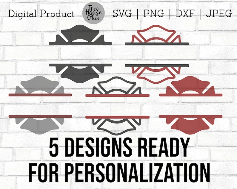 May include: Five different designs of a split monogram with a firefighter's Maltese cross. The designs are in black, gray, and red. The text "5 DESIGNS READY FOR PERSONALIZATION" is at the bottom of the image.