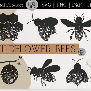 Floral Bees SVG Bundel, Wildflower Bee Cut Files, Floral Honeybee svg, Bees with Flowers svg, Bee Silhouette PNG cut files, Flying Bee Nest