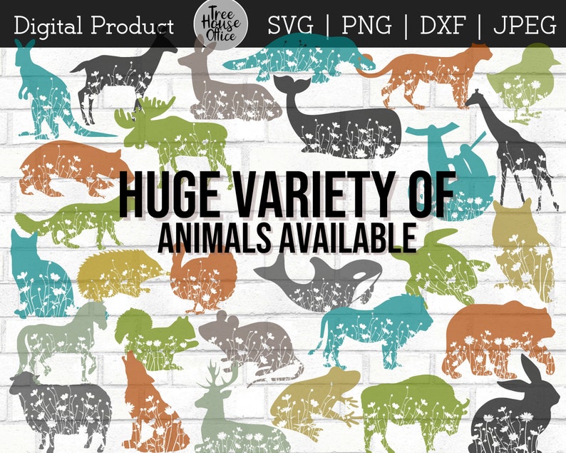 May include: A digital product featuring a variety of animal silhouettes with a floral pattern. The text "HUGE VARIETY OF ANIMALS AVAILABLE" is displayed in the center of the image.