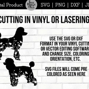 Floral Poodle Dog SVG Digital Files features two different poodle dog designs with wildflowers inside the dog silhouette.  Directions given for cutting SVG and DXF in vinyl