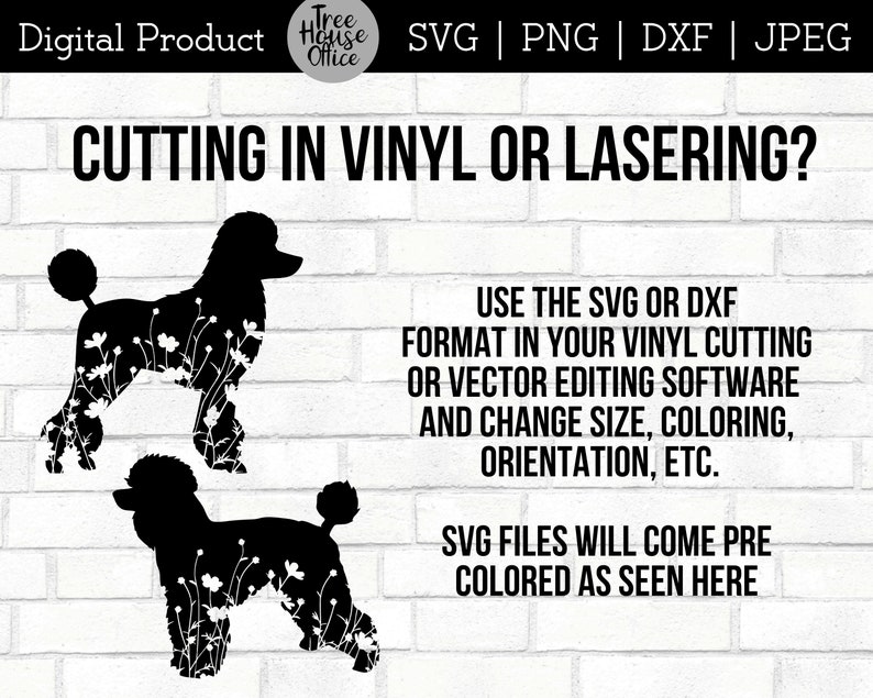 Floral Poodle Dog SVG Digital Files features two different poodle dog designs with wildflowers inside the dog silhouette.  Directions given for cutting SVG and DXF in vinyl