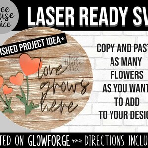 Laser SVG project Love Grows Here Sign shown as project example for this Valentines Day Laser design.  SVG File is great for lasering in Glowforge or other C02 laser cutters.
