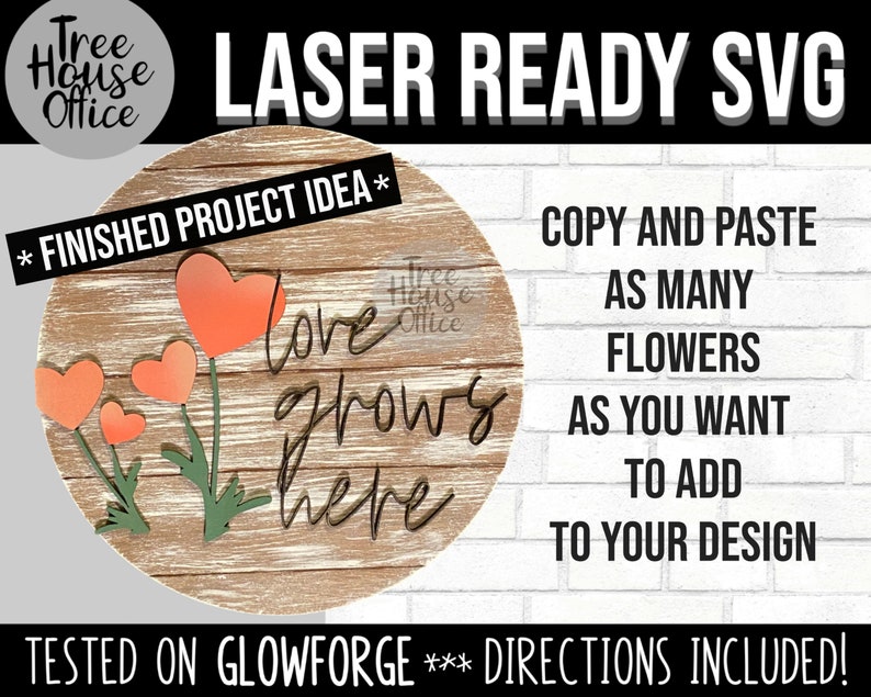 Laser SVG project Love Grows Here Sign shown as project example for this Valentines Day Laser design.  SVG File is great for lasering in Glowforge or other C02 laser cutters.