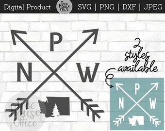 May include: Black and white graphic design of a compass with arrows pointing north, west, east, and south. The compass is overlaid with the letters "N", "W", "E", and "P". The compass is centered on a white brick background. The text "2 styles available" is written in black cursive script. The graphic design is surrounded by a white border.