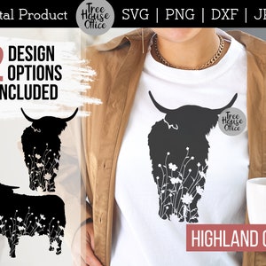 Floral Highland Cow features wildflowers inside two different hairy cow silhouettes. Shown on a women's white t shirt.    SVG, JPEG, PNG, and DXF file types available