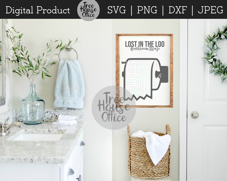 May include: A printable bathroom maze design with a toilet paper roll and the text "Lost in the Loo Bathroom Maze".
