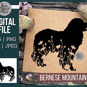 Berner SVG, Berner Hund mit Blumen PNG, Wildblume Berner Berghund Silhouette Cricut File SVG mit Blumen