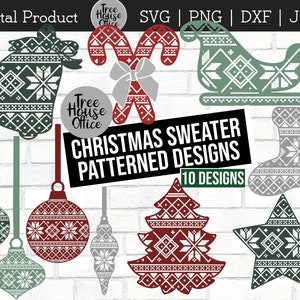 Forme del maglione di Natale SVG, DXF, PNG, jpeg, Nordic Christmas Winter Designs, Xmas Sweater Design Tree Star Bell, Sublimazione png, clipart