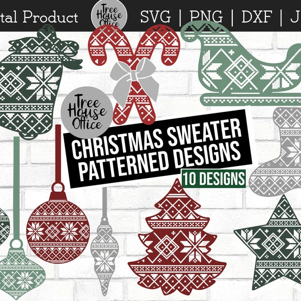 Christmas Sweater Shapes SVG, DXF, PNG, jpeg, Nordic Christmas Winter Designs, Xmas Sweater Design Tree Star Bell, Sublimation png, clipart
