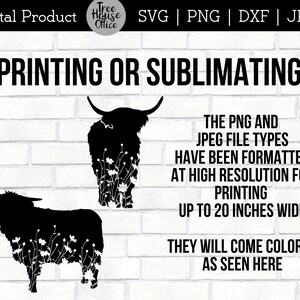 instructions for using these highland cow silhouette digital files in png or jpeg format for printing or sublimation projects