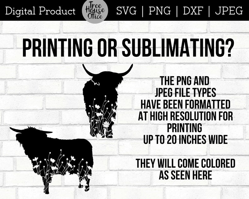 instructions for using these highland cow silhouette digital files in png or jpeg format for printing or sublimation projects