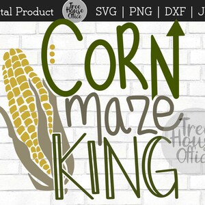 Pode incluir: Design digital verde e amarelo com uma espiga de milho e o texto "CORN maze KING".