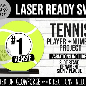 Balle de tennis Glowforge SVG, fichier de coupe de nom et de numéro de tennis, imprimante laser 3D, numéro de joueur personnalisé, prix du trophée de tennis SVG