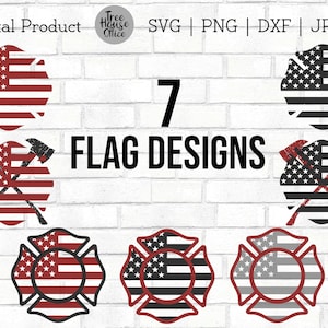 May include: Seven digital designs of American flags in various styles. The flags are in red, white, and blue, and some have a distressed look. The designs include a traditional flag, a flag with a firefighter's cross, and a flag with crossed axes.