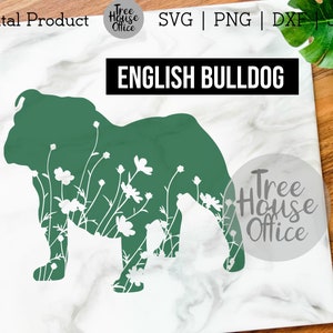 Bulldog anglais SVG, DXF PNG jpeg, Bulldog anglais Mandala Zentangle svg, Dog Silhouette svg, Bulldog anglais avec fleurs Glowforge clipart