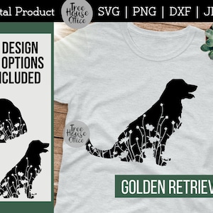 Golden Retriever SVG, Golden Retriever Hund Cut Datei, Golden Retriever Silhouette mit Wildblumen, Hunde Silhouette mit Blumen PNG