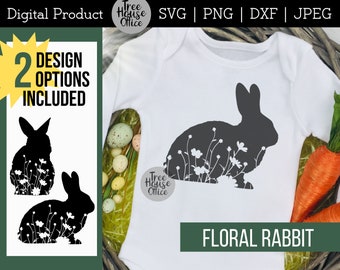 花柄ウサギ SVG、イースターバニー SVG、花付きウサギ カットファイル、野花ウサギ SVG、ウサギ シルエット SVG、花付きイースターウサギ