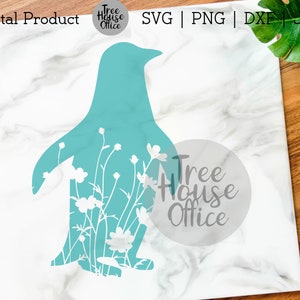 May include: A teal blue penguin silhouette with white flowers inside. The penguin is standing on a white marble background. The text "Tree House Office" is in a circle in the lower right corner of the image.
