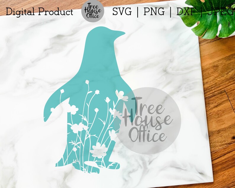 May include: A teal blue penguin silhouette with white flowers inside. The penguin is standing on a white marble background. The text "Tree House Office" is in a circle in the lower right corner of the image.
