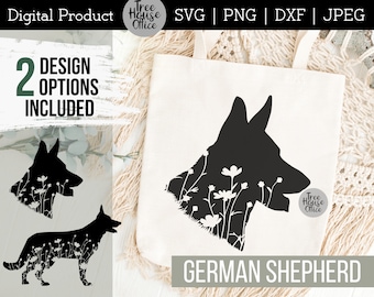 May include: Two digital design options of a German Shepherd silhouette with white flowers inside the silhouette. The design is on a white tote bag.